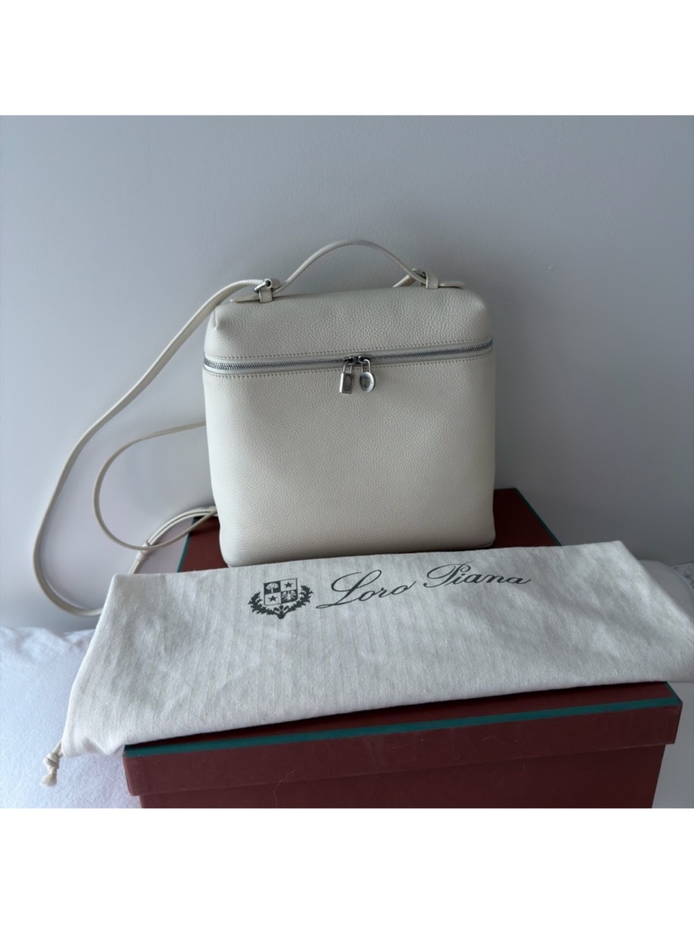 Loro Piana Ivory Pebbled Leather Bag with Top Handle backpack